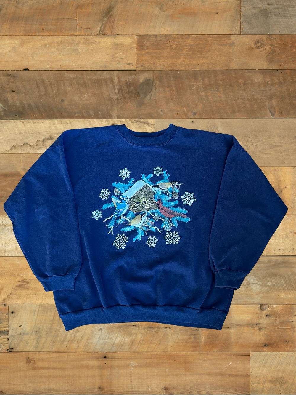 Cozy Vintage Winter birds Country Collection Graphic Sweatshirt Navy Blue
